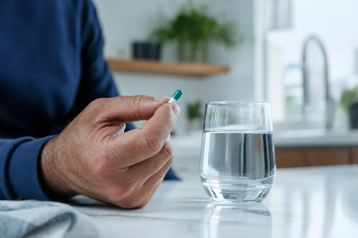Hombre tomando una cápsula de Tridentex con un vaso de agua como rutina diaria para la próstata